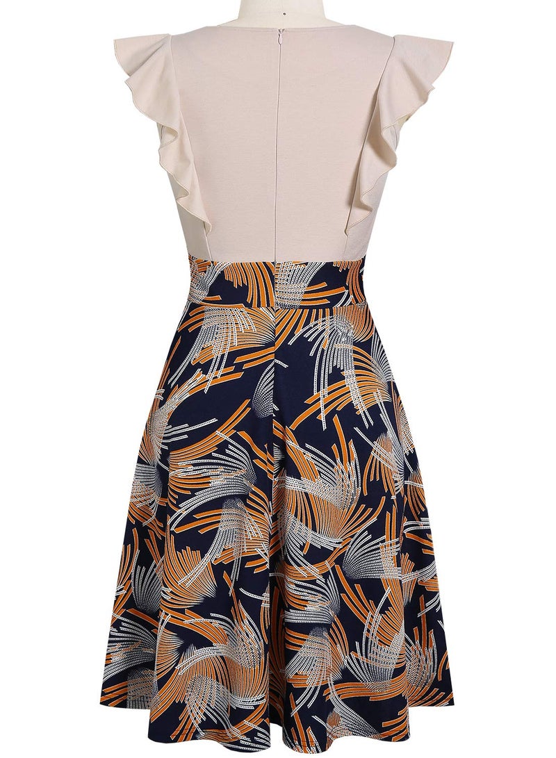 YATHON Women's Vintage Ruffle Floral Flared A Line Swing Casual Cocktail Party Dresses (L, YT001-Beige Firework) - Image 4